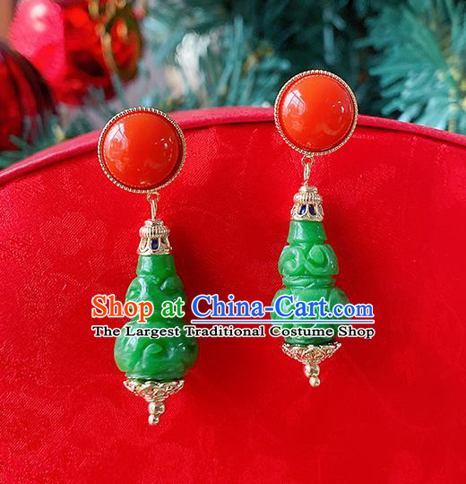 China Classical Carving Gourd Ear Accessories Women Jewelry Handmade Traditional Hanfu Green Earrings