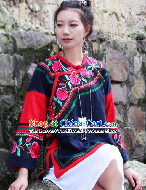 Chinese Yunnan Ethnic Costume Embroidered National Navy Flax Jacket Tang Suit Upper Outer Garment