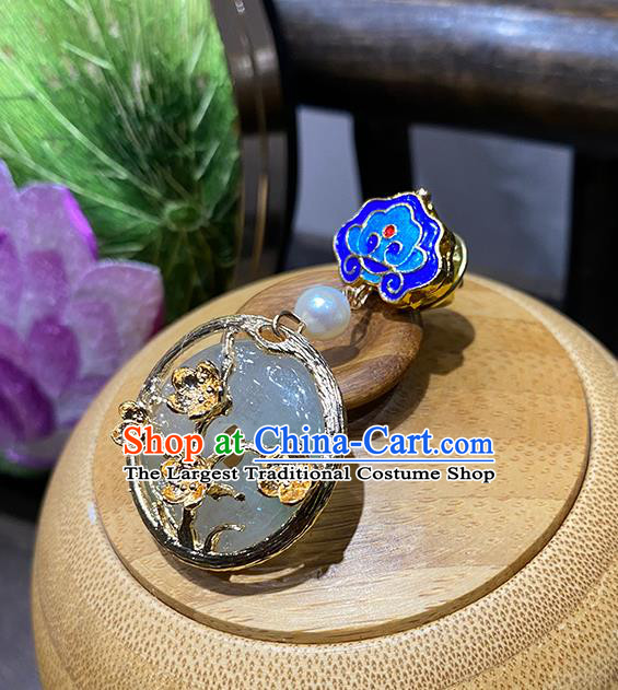 China Traditional Blueing Collar Button Cheongsam Accessories Classical Jade Brooch
