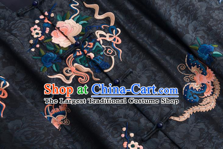 Chinese Traditional Embroidered Costume Classical Black Silk Coat Tang Suit Outer Garment