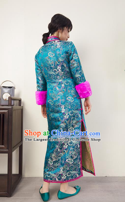 China Traditional Classical Winter Cheongsam Women Clothing Blue Brocade Qipao Dress
