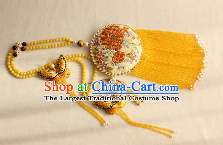 China Classical Yellow Beads Tassel Accessories Women Jewelry Handmade Traditional Embroidered Sachet Necklace