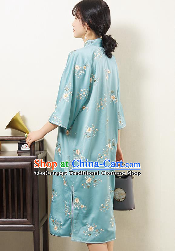 China Embroidered Light Blue Silk Qipao Dress Classical Cheongsam Traditional Women Clothing