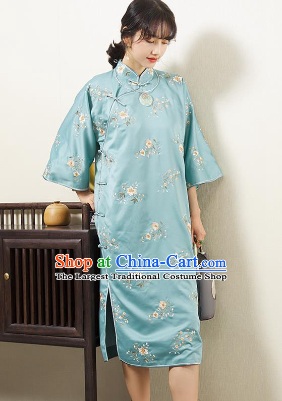 China Embroidered Light Blue Silk Qipao Dress Classical Cheongsam Traditional Women Clothing