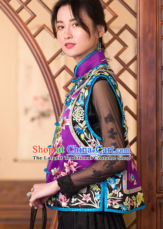 Chinese Classical Tang Suit Vest Upper Outer Garment Traditional Purple Silk Embroidered Waistcoat Costume