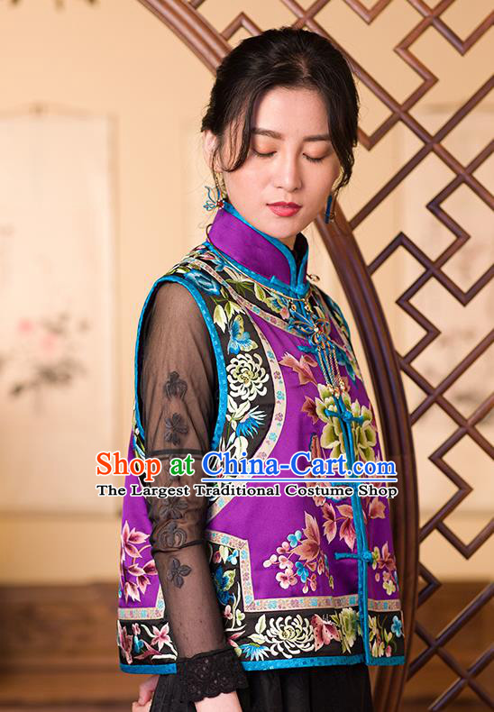 Chinese Classical Tang Suit Vest Upper Outer Garment Traditional Purple Silk Embroidered Waistcoat Costume