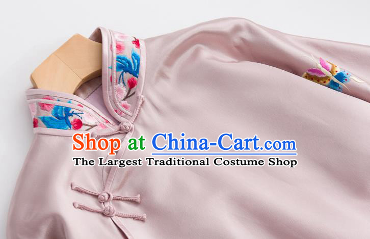 Chinese Classical Pink Silk Blouse Tang Suit Upper Outer Garment Embroidered Shirt Traditional Costume