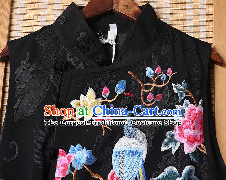 Chinese Tang Suit Black Brocade Cheongsam National Embroidered Phoenix Peony Long Dress Traditional Costume