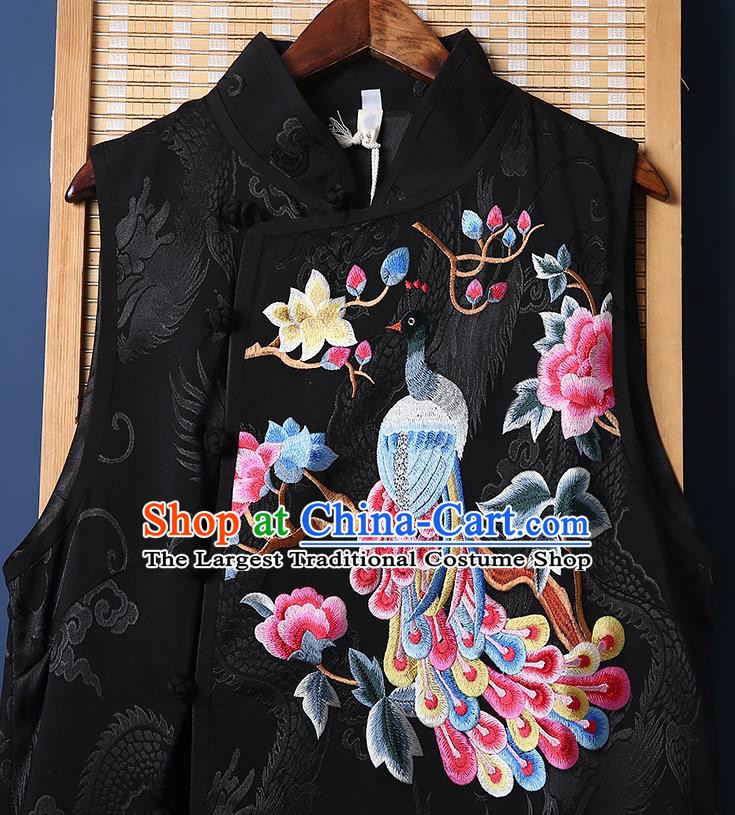 Chinese Tang Suit Black Brocade Cheongsam National Embroidered Phoenix Peony Long Dress Traditional Costume