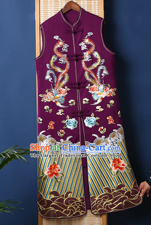 Chinese Embroidered Phoenix Peony Purple Brocade Long Vest National Tang Suit Cheongsam Upper Outer Garment