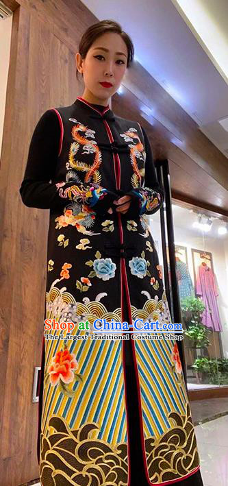 Chinese Tang Suit Dust Coat Embroidered Phoenix Peony Black Brocade Long Vest National Outer Garment