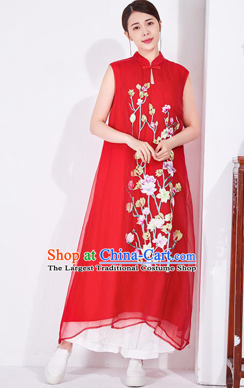 China Classical Embroidered Red Chiffon Cheongsam National Qipao Clothing Traditional Women Dress