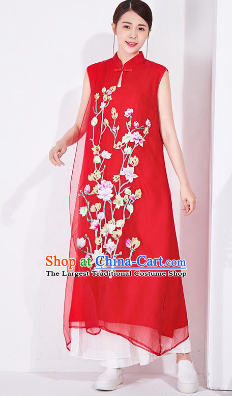China Classical Embroidered Red Chiffon Cheongsam National Qipao Clothing Traditional Women Dress