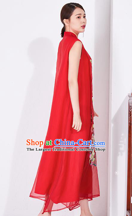 China Classical Embroidered Red Chiffon Cheongsam National Qipao Clothing Traditional Women Dress