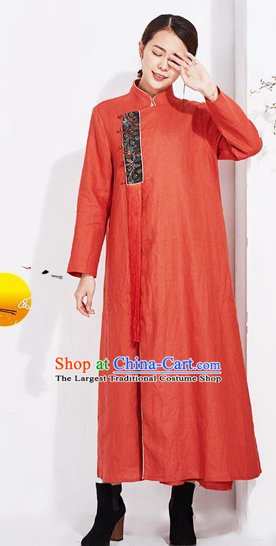 China Embroidered Rust Red Flax Cheongsam Traditional Women National Qipao Clothing Classical Dress