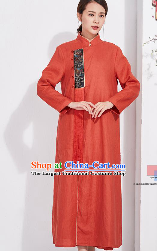 China Embroidered Rust Red Flax Cheongsam Traditional Women National Qipao Clothing Classical Dress