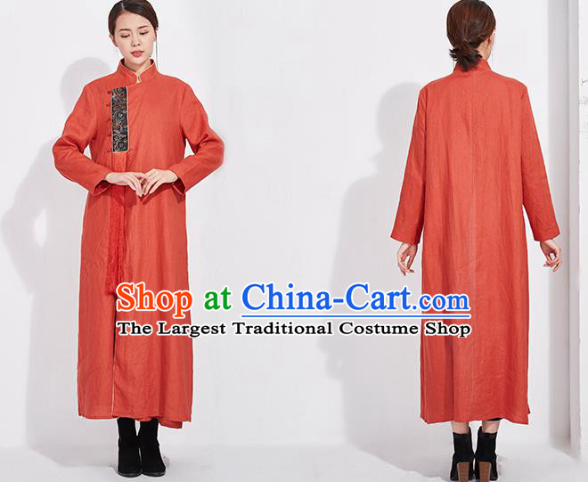 China Embroidered Rust Red Flax Cheongsam Traditional Women National Qipao Clothing Classical Dress