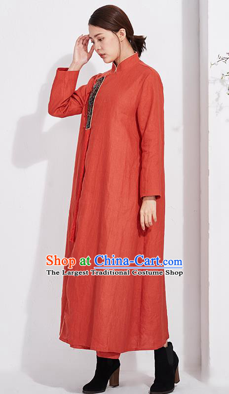 China Embroidered Rust Red Flax Cheongsam Traditional Women National Qipao Clothing Classical Dress