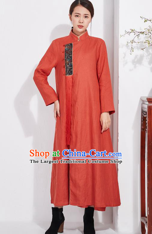 China Embroidered Rust Red Flax Cheongsam Traditional Women National Qipao Clothing Classical Dress