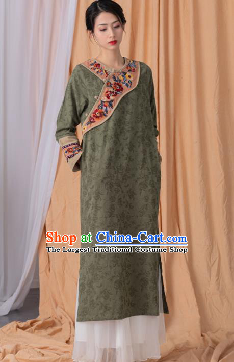 China Tang Suit Olive Green Flax Qipao Tea Culture Clothing Traditional Women Classical Dress National Embroidered Cheongsam