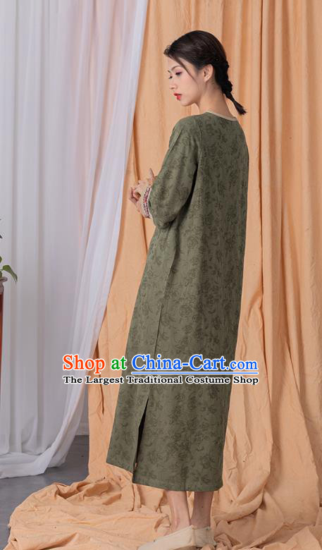 China Tang Suit Olive Green Flax Qipao Tea Culture Clothing Traditional Women Classical Dress National Embroidered Cheongsam