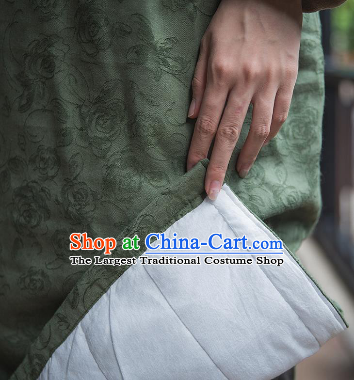 China Tang Suit Olive Green Flax Qipao Tea Culture Clothing Traditional Women Classical Dress National Embroidered Cheongsam