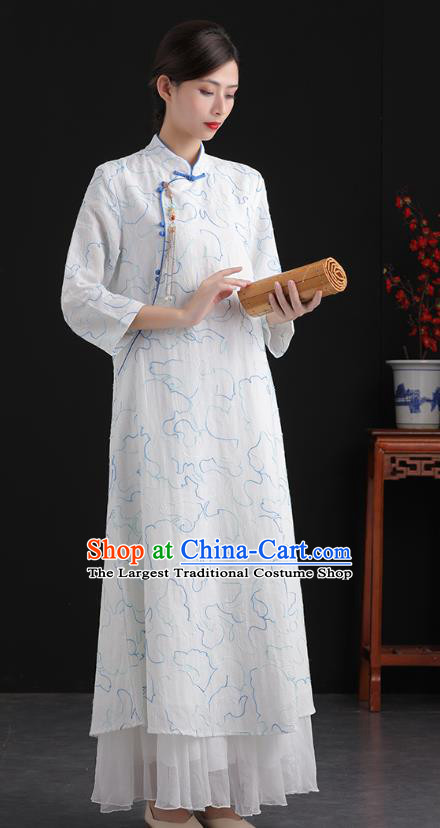 China National White Flax Cheongsam Traditional Women Classical Dress Tea Culture Clothing Tang Suit Embroidered Qipao