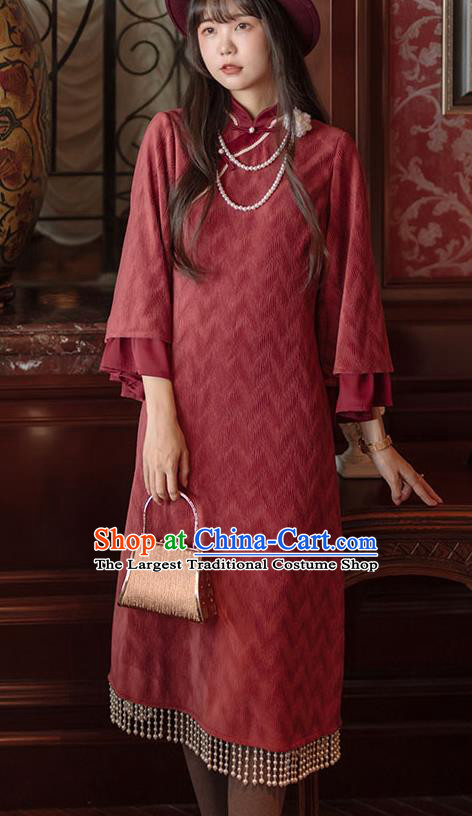 China Tang Suit Red Corduroy Qipao Clothing Traditional Women Classical Dress National Wide Sleeve Cheongsam