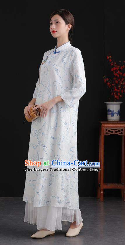 China National White Flax Cheongsam Traditional Women Classical Dress Tea Culture Clothing Tang Suit Embroidered Qipao