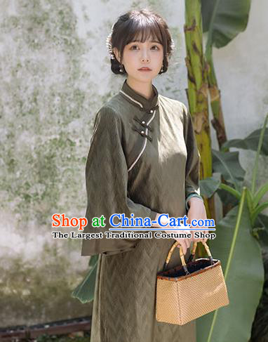 China Traditional National Wide Sleeve Cheongsam Tang Suit Olive Green Qipao Clothing Women Classical Dress