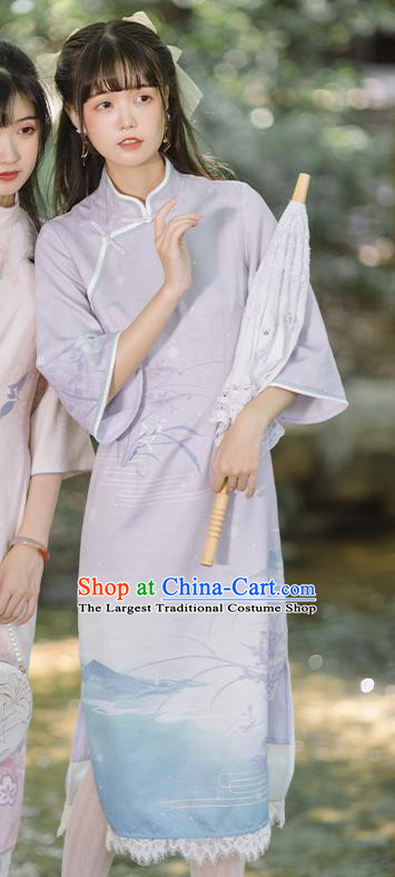 China Traditional Women Classical Dress Tang Suit Clothing National Cheongsam Printing Orchids Lilac Qipao