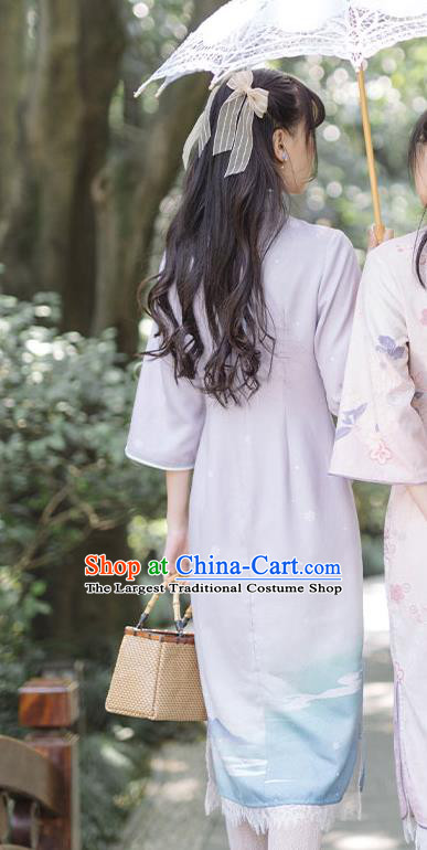China Traditional Women Classical Dress Tang Suit Clothing National Cheongsam Printing Orchids Lilac Qipao