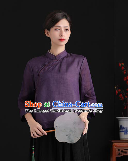 Chinese National Deep Purple Shirt Tang Suit Upper Outer Garment Women Costume Ramine Blouse
