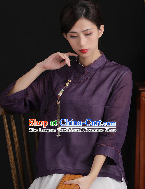 Chinese National Deep Purple Shirt Tang Suit Upper Outer Garment Women Costume Ramine Blouse