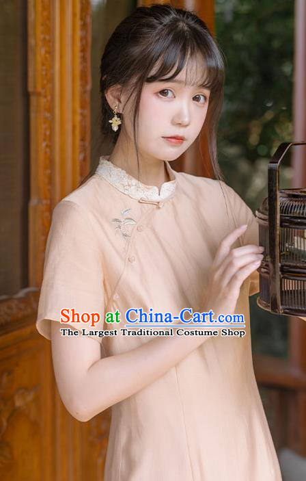 China Traditional Tang Suit Clothing Beige Flax Qipao National Cheongsam Women Classical Dress