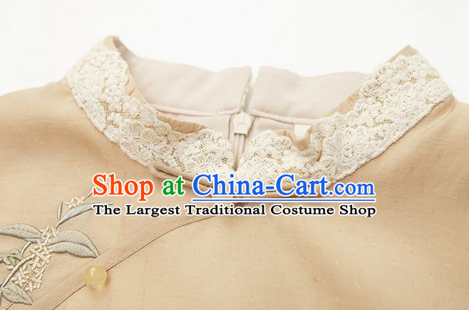 China Traditional Tang Suit Clothing Beige Flax Qipao National Cheongsam Women Classical Dress