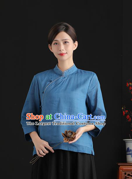 Chinese Tang Suit Upper Outer Garment Women Costume Ramine Blouse National Blue Shirt