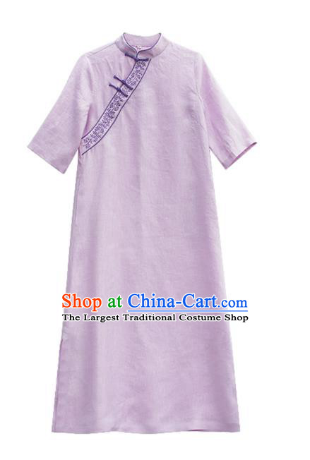 China Tea Culture Clothing National Embroidered Cheongsam Traditional Women Classical Dress Tang Suit Violet Flax Qipao