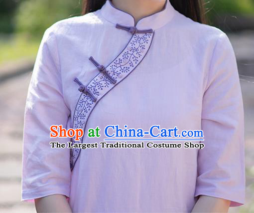 China Tea Culture Clothing National Embroidered Cheongsam Traditional Women Classical Dress Tang Suit Violet Flax Qipao