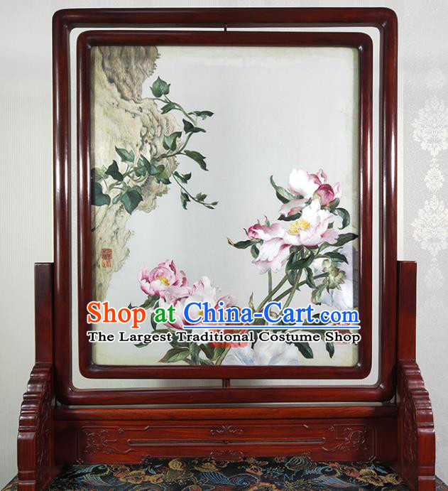 Chinese Handmade Embroidered Craft Suzhou Embroidery Decoration Traditional Peony Painting Screen