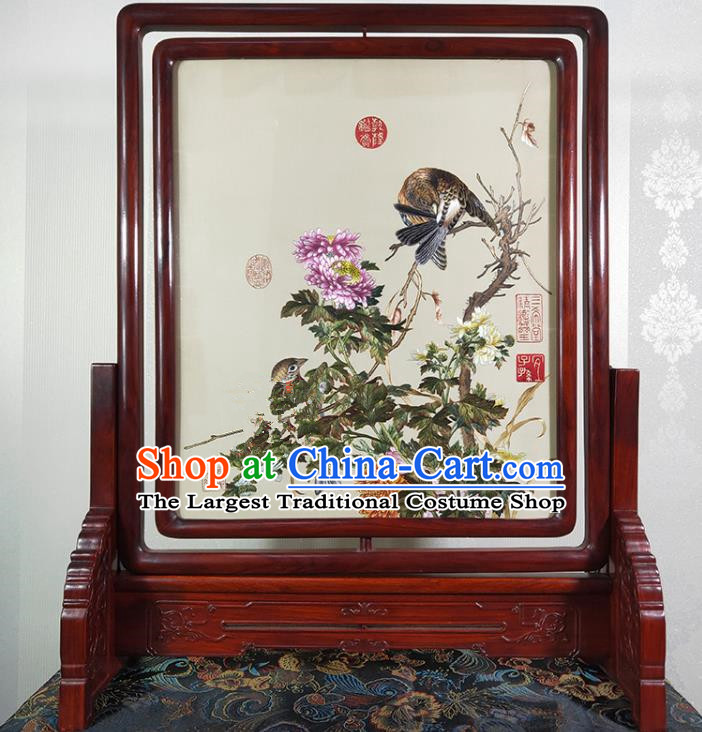 Chinese Embroidered Craft Traditional Desk Decoration Handmade Suzhou Embroidery Chrysanthemum Painting Rotating Screen