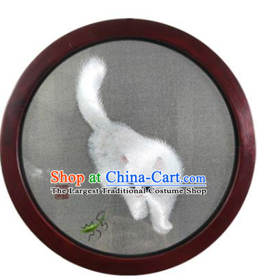 Chinese Handmade Double Side Suzhou Embroidery Cat Rotating Screen Traditional Embroidered Screen Craft Rosewood Table Decoration