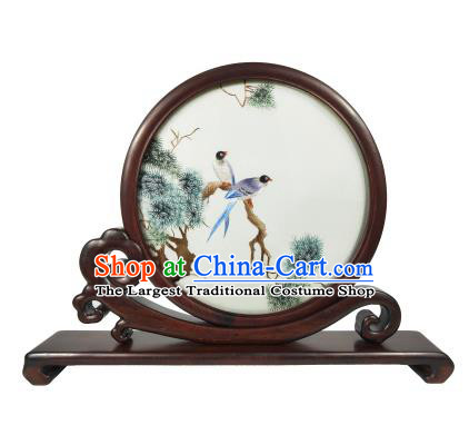 Chinese Embroidery Pine Birds Screen Suzhou Double Side Embroidered Screen Traditional Rosewood Craft Table Decoration