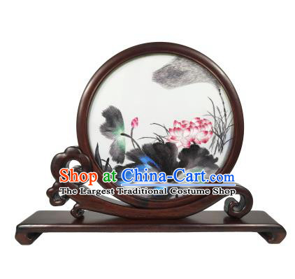 Chinese Double Side Embroidered Screen Traditional Rosewood Decoration Craft Suzhou Embroidery Lotus Painting Table Screen