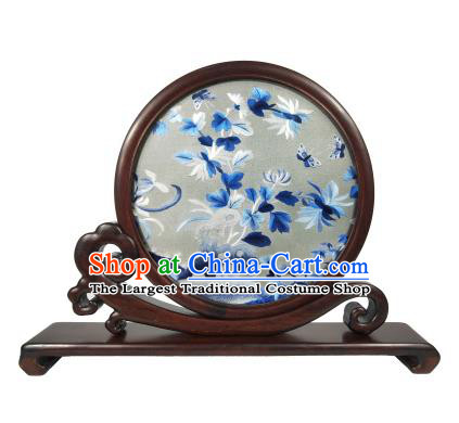 Chinese Suzhou Embroidery Chrysanthemum Painting Table Screen Rosewood Decoration
