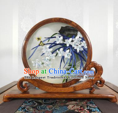 Chinese Handmade Palisander Table Screen Suzhou Embroidery Craft Embroidered Orchids Painting Decoration