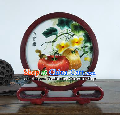 China Traditional Wood Carving Craft Handmade Rosewood Home Decoration Embroidered Pumpkin Table Screen
