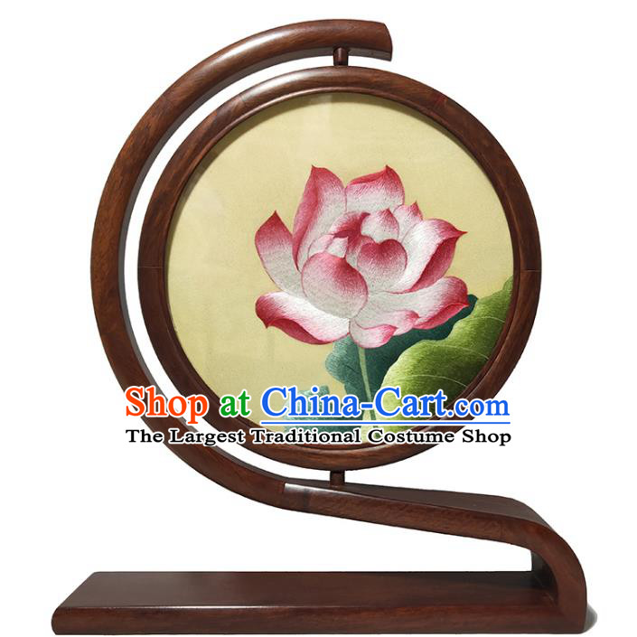 China Embroidered Lotus Screen Traditional Craft Handmade Double Side Rosewood Table Screen