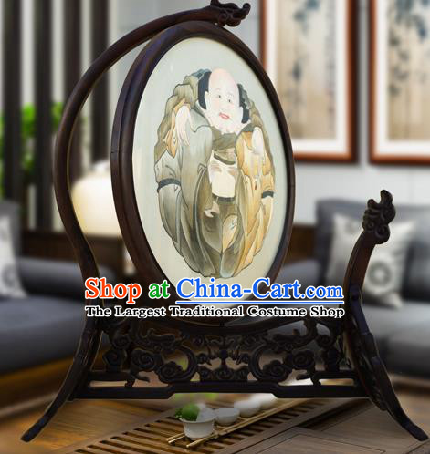 China Wood Rotatable Screen Traditional Embroidered Table Screen Handmade Home Furnishings