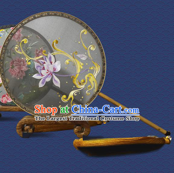 Handmade Embroidered Round Fan China Traditional Hanfu Palace Fan Suzhou Embroidery Lotus Silk Fan